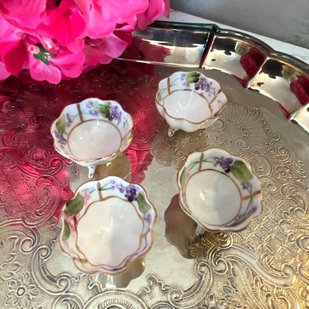 Set of 4 vintage hand painted Nippon porcelain salt cellars; footed salts